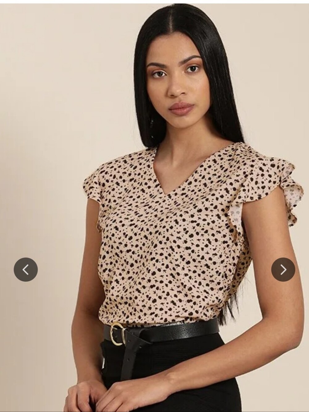 Beige Floral Print V-Neck Flutter Sleeve Top